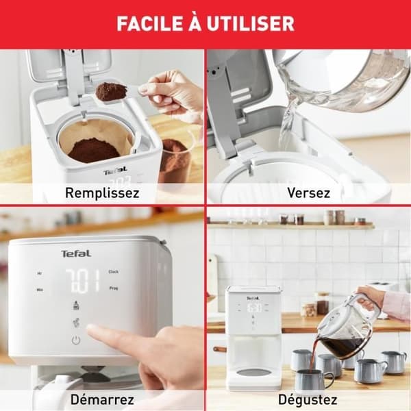 TEFAL SENSE Programmerbar kaffebryggare med filter, vit, digital display, 10-15 koppar, 1,25L, automatisk avstängning 30 minuter CM693110