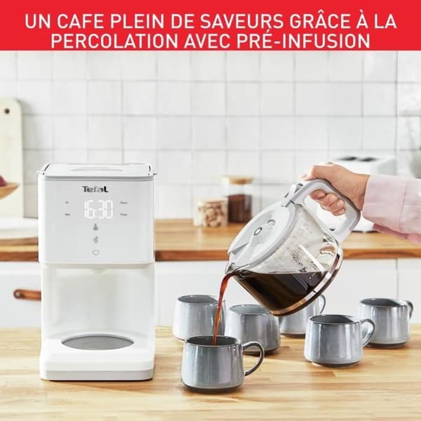 TEFAL SENSE Programmerbar kaffebryggare med filter, vit, digital display, 10-15 koppar, 1,25L, automatisk avstängning 30 minuter CM693110