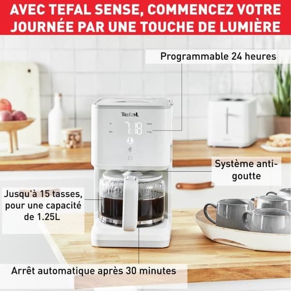 TEFAL SENSE Programmerbar kaffebryggare med filter, vit, digital display, 10-15 koppar, 1,25L, automatisk avstängning 30 minuter CM693110