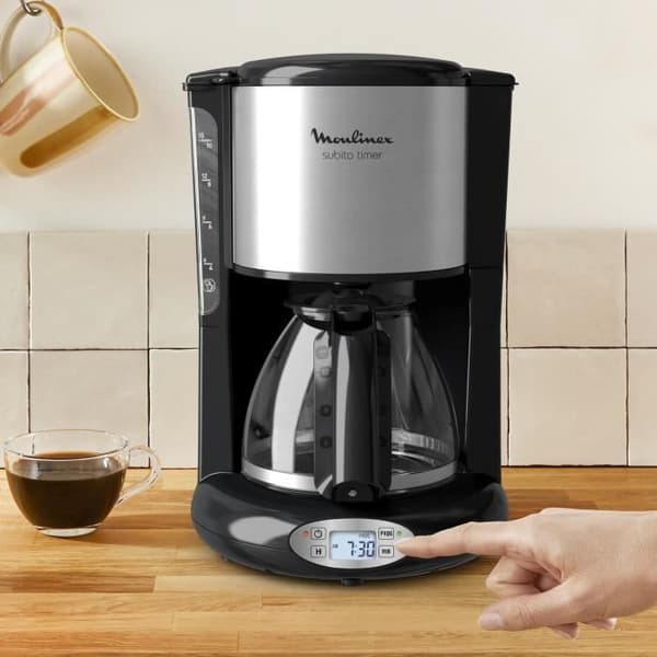 MOULINEX Subito Filter kaffebryggare, 1,25 L, 10 till 15 koppar kaffe, Programmerbar 24 timmar, Anti-dropp system FG362810