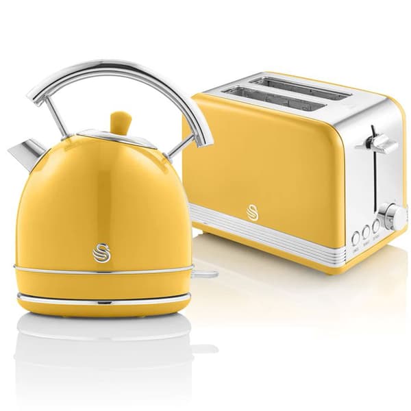 Retro Set Petit-Frukost Vattenkokare 1,8L Trådlös, Brödrost 2 Stora Skivor SWAN STP7050YELNEU 850W Gul 57928