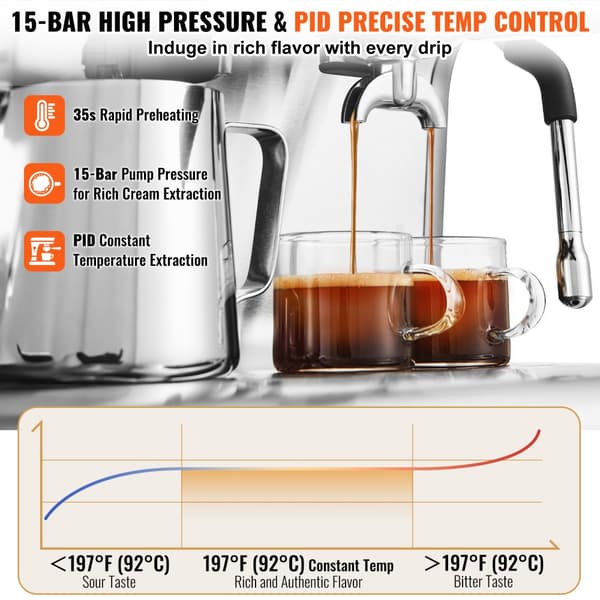 VEVOR Espressomaskin, 15 Bar Högtryckspump, 2,8L Vattentank, Kompakt Design