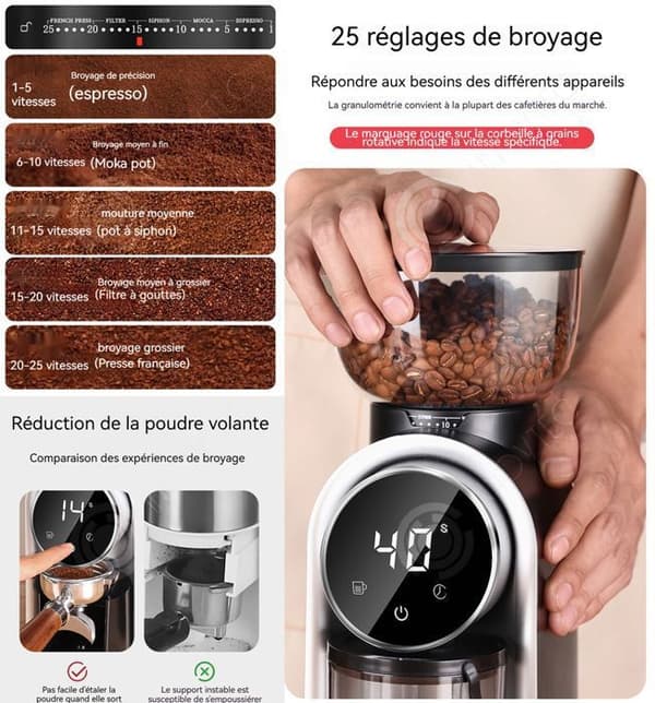 INN® kaffekvarn 25 malningsnivåer Justerbar tjocklek Elektrisk bönkvarn Smart skärm Justerbar kaffemalning