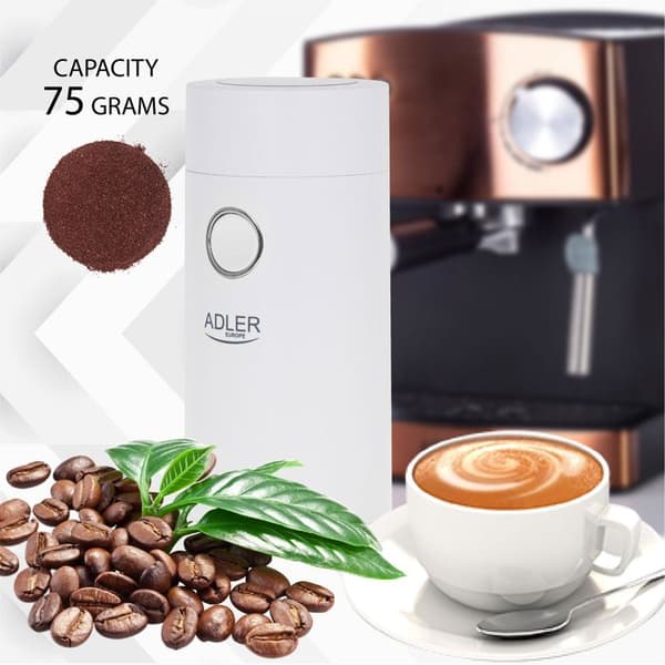 Elektrisk kaffekvarn, frön och nötter, dubbelt stålblad, kapacitet 75g Adler AD4446-WS 150W Vit 00457