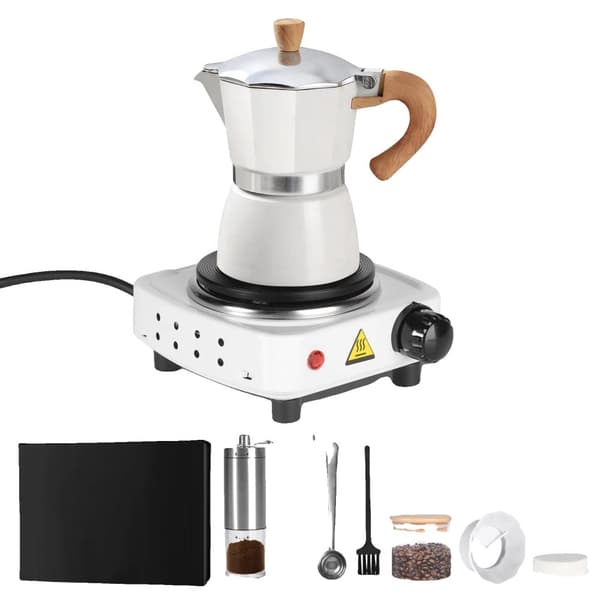 Moka Pot Espresso Sæt, 150 ml Kapacitet, Varmebestandigt Håndtag,HVID