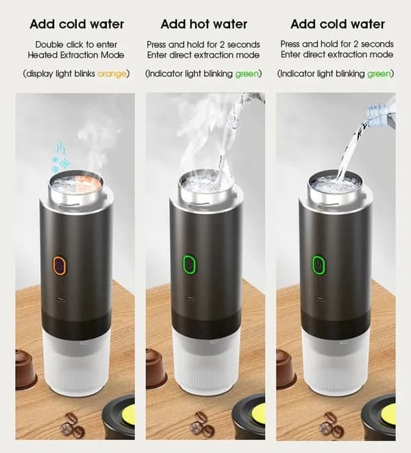 Lollanda 3-i-1 portabel espressomaskin, sladdlös, snabbuppvärmning, för kaffekapslar och malet kaffe, enkel USB-laddning
