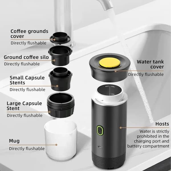 Lollanda 3-i-1 portabel espressomaskin, sladdlös, snabbuppvärmning, för kaffekapslar och malet kaffe, enkel USB-laddning
