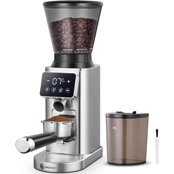 AMZCHEF Elektrisk Kaffekvarn med Avtagbart Stativ och LCD Touchskärm 24 Exakta Inställningar Kaffekvarn Grai