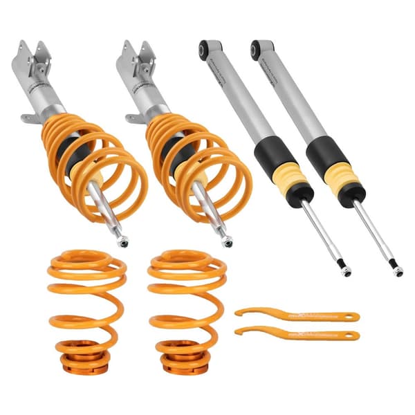 Coilover-jousituspaketti, säädettävä alennus 0-60mm, parannetut jousikovat eteen 3kg/mm, taakse 4kg/mm