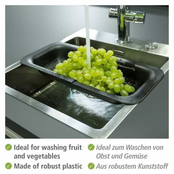 WENKO SIVO Diskbänkssil | Infällbar sil | Utdragbara handtag till placering | Pasta, frukt, grönsaker | 37 till 50 cm | Svart