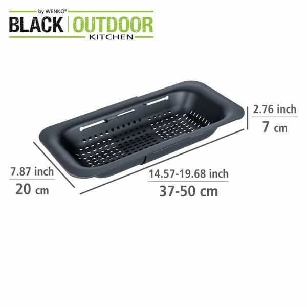 WENKO SIVO Diskbänkssil | Infällbar sil | Utdragbara handtag till placering | Pasta, frukt, grönsaker | 37 till 50 cm | Svart