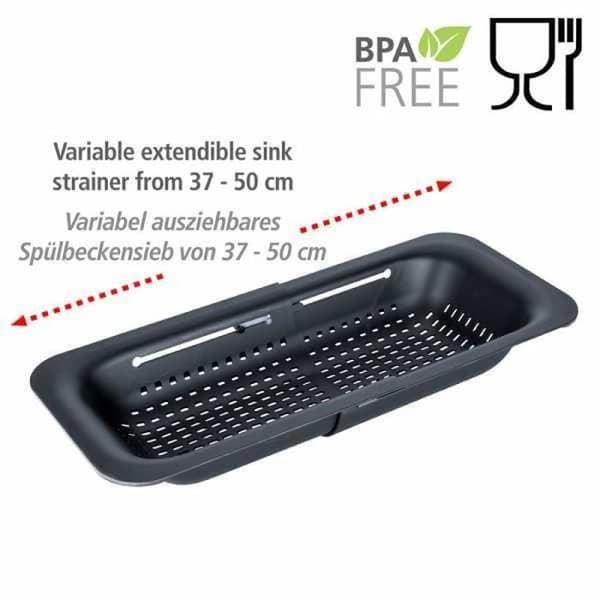WENKO SIVO Diskbänkssil | Infällbar sil | Utdragbara handtag till placering | Pasta, frukt, grönsaker | 37 till 50 cm | Svart