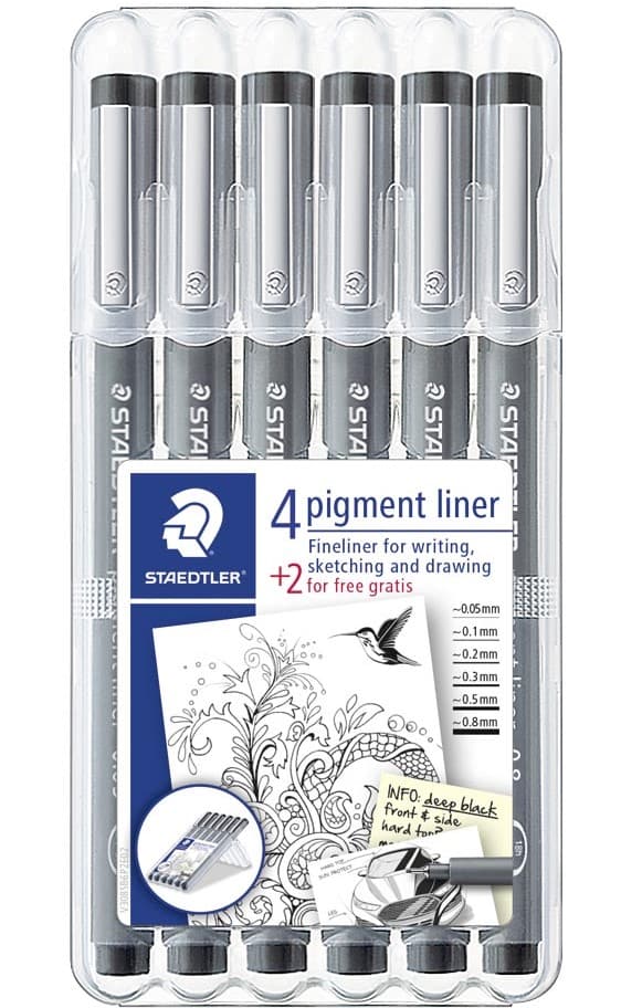 Tusj Pigmentliner 6 stk Forskjellige tykkelse svart Staedtler