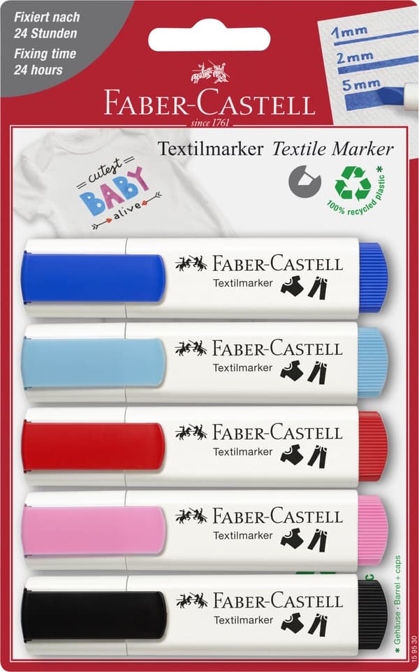 Textil marker 3 Basfärger + 1 Ljusblå & 1 Rosa Faber-Castell