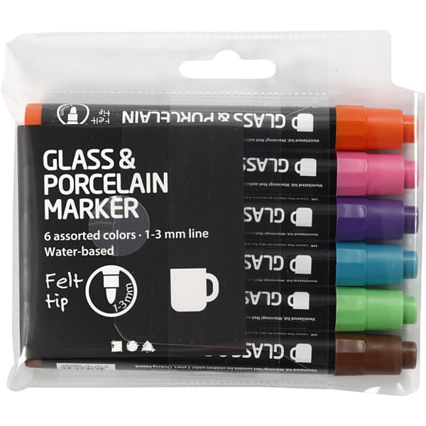 Glass- og porselenstusj, suppl. farger, 1-3 mm, semi opaque, 6 stk.