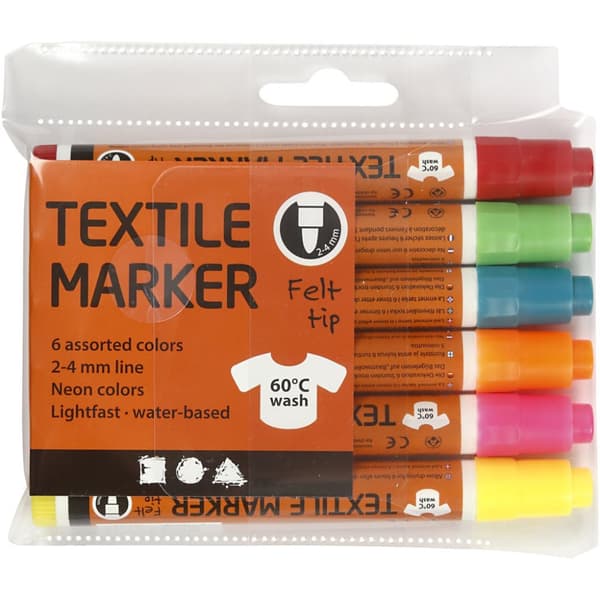 Tekstiltusj, strektykkelse: 2-4 mm, neonfarger, 6stk.