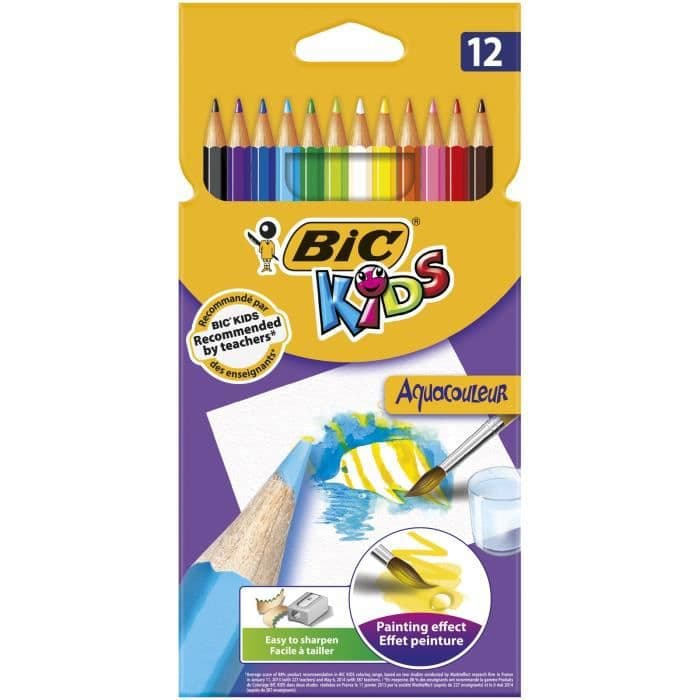 BIC Børn Aquacolor Vandfarvefarvede blyanter til malingseffekt - Assorterede farver, papkasse af 12