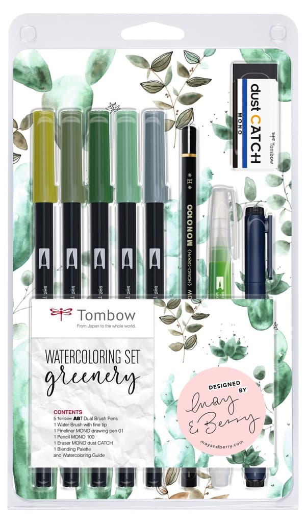 Penselpenn ABT Dual Brush Set Greenery 9 deler Tombow