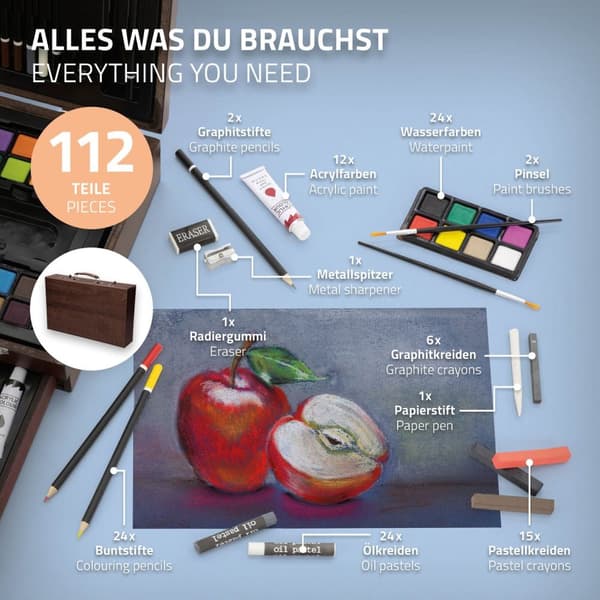 ECD-Germany merkistä maalaus set 112 kappaletta, piirtämiseen ja maalaus, maalaus joukko puuta, lapsille / aikuisille, väriliidut, öljy ja akryyli