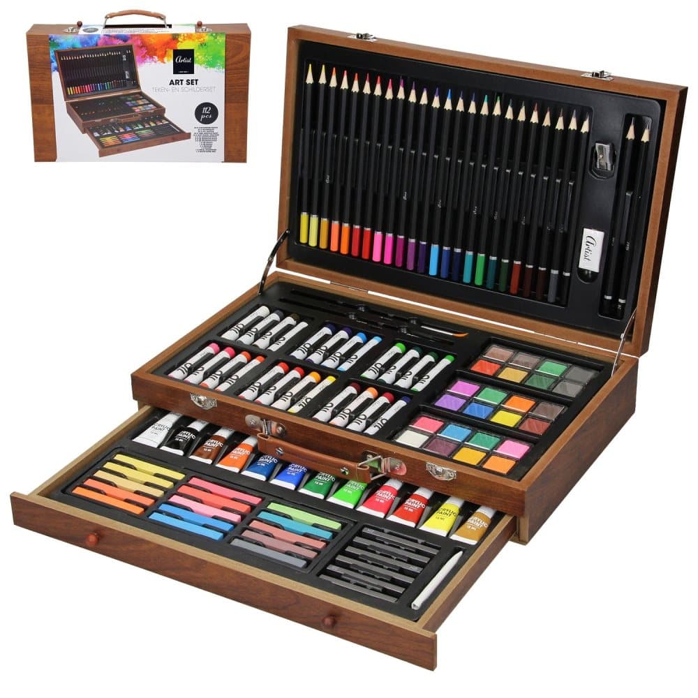 ECD-Germany tecken set målning set 112 stycken, för att rita och måla, målning uppsättning av trä, för barn / vuxna, kritor, olja och akryl målarfärg