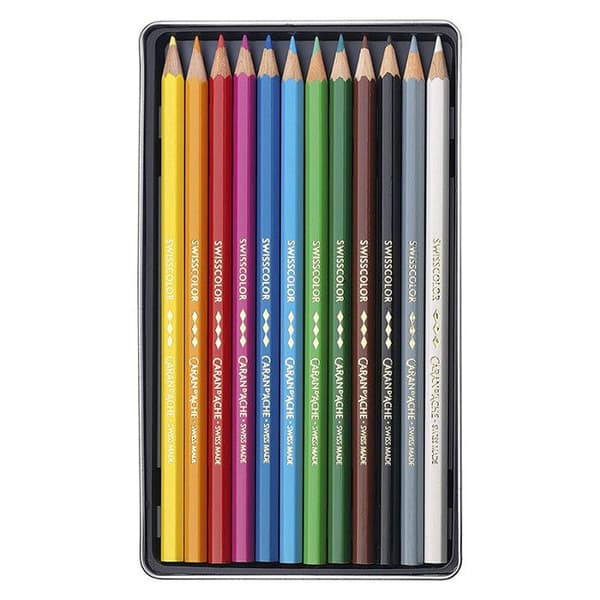Färgpennor - Caran d'Ache - Förpackning med 12 - Mjuka stift - Vattentåliga - Cederträ