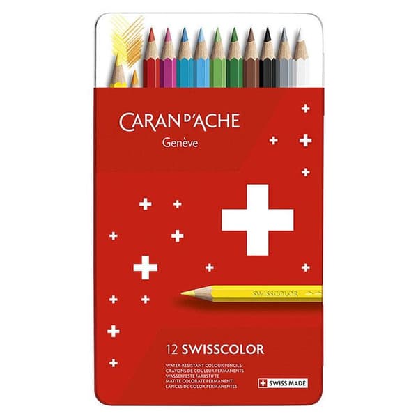 Färgpennor - Caran d'Ache - Förpackning med 12 - Mjuka stift - Vattentåliga - Cederträ