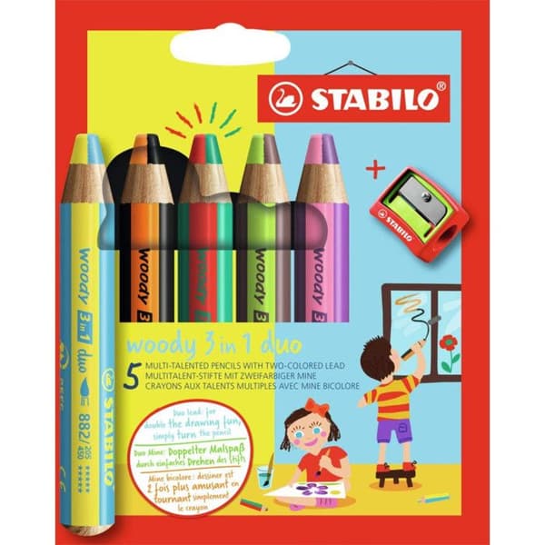 Färgpennor STABILO woody 3 i 1 - 24 färger - Tvåfärgad stift - Certifierat PEFC-trä