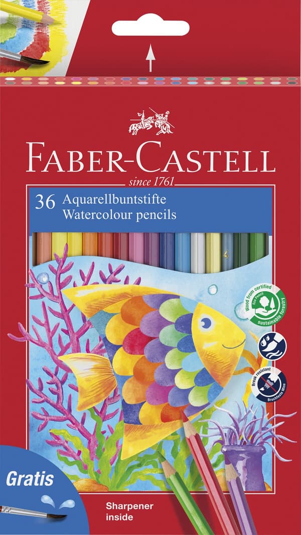 Akvarellpennor Grip 36 färger + pensel + vässare, Faber-Castell