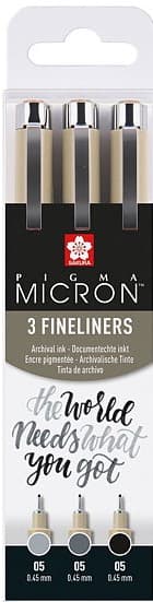 Sakura Pigma Micron 05 fineliner svart og grå 3-sett