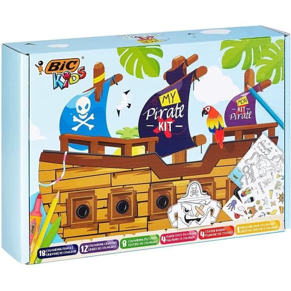 BIC Kids My Pirate: färgpennor och krita, pappersspel, klistermärken, skattkarta - olika färger, paket med 47