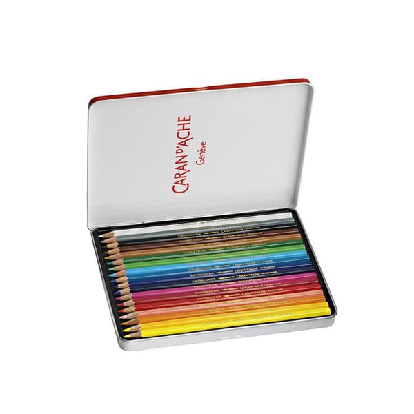 Färgpennor - CARAN D'ACHE - Swisscolor - Metallfodral med 18 - Stift 2,8 mm - Cederträ