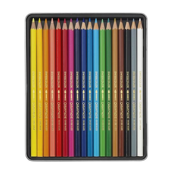 Färgpennor - CARAN D'ACHE - Swisscolor - Metallfodral med 18 - Stift 2,8 mm - Cederträ