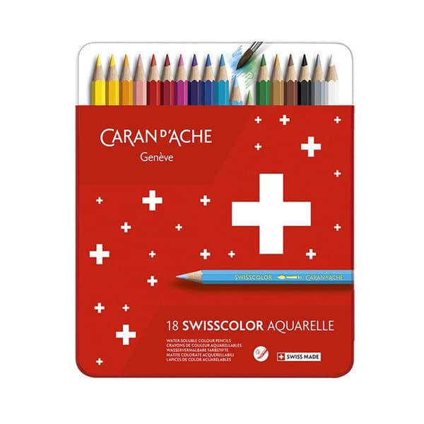 Färgpennor - CARAN D'ACHE - Swisscolor - Metallfodral med 18 - Stift 2,8 mm - Cederträ