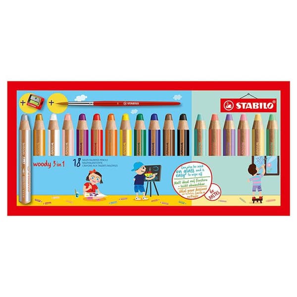 Kritor Multi Ytor Woody 3 I 1 - Stabilo - Etui Med 18 - Klara Färger, Metalliska, Pastell