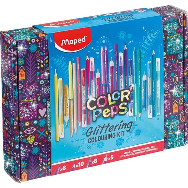 Färgsats - MAPED - Glittrande - 8 glitterpennor - 10 färgpennor - 5 tuber gel