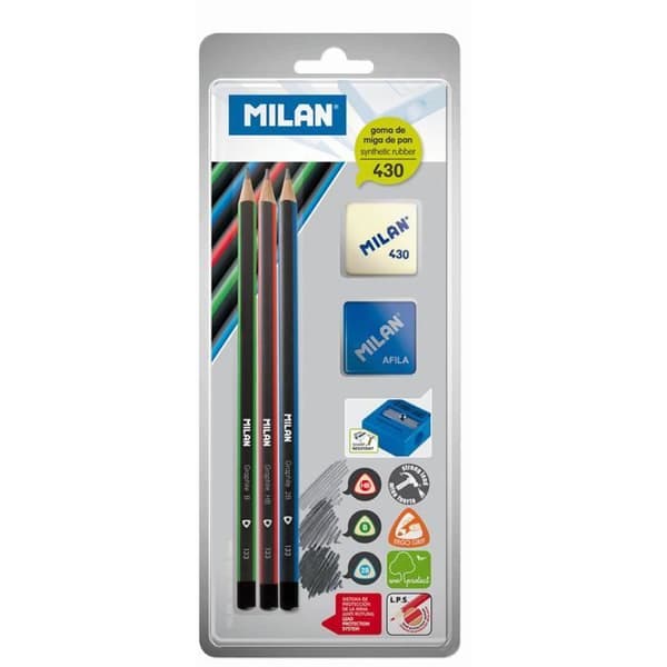3 HB / B / 2B grafitpennor + 1 pennvässare + 1 MILAN suddgummi