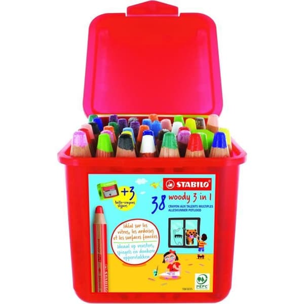 Skolbox x 38 STABILO woody 3in1 multi-talent pennor + 3 slipare