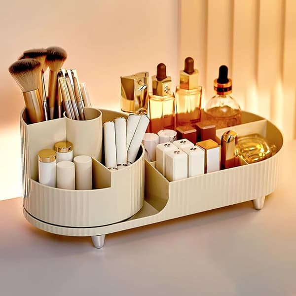 Roterande Makeup Organizer och fack 2 i 1, Makeup Brush Pot, 360 Degree Makeup Organizer för sovrummet
