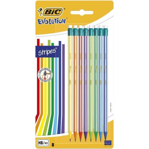 BIC Evolution Stripes med suddgummi HB pennor med inbyggt suddgummi - blandade färger, blisterpack om 8