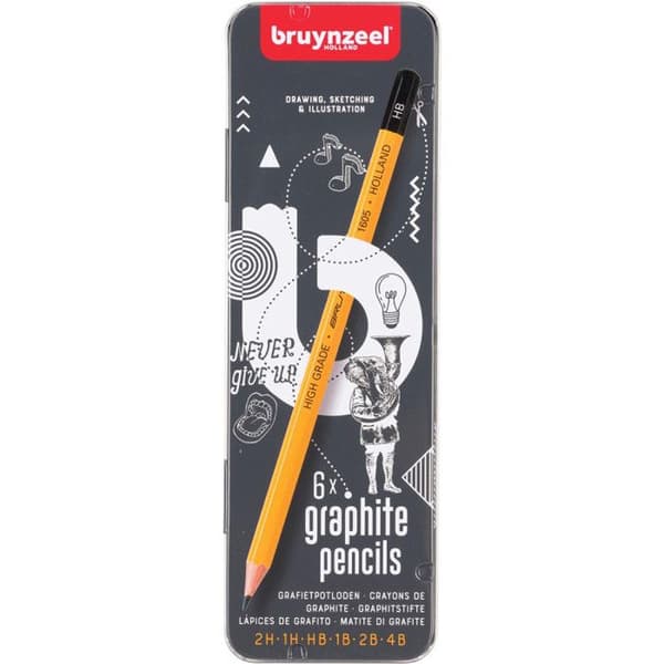Grafitkritor - Bruynzeel - Förpackning med 6 - 1H, 2H, HB, 1B, 2B, 4B - Träskropp - Hållbar grafitstift