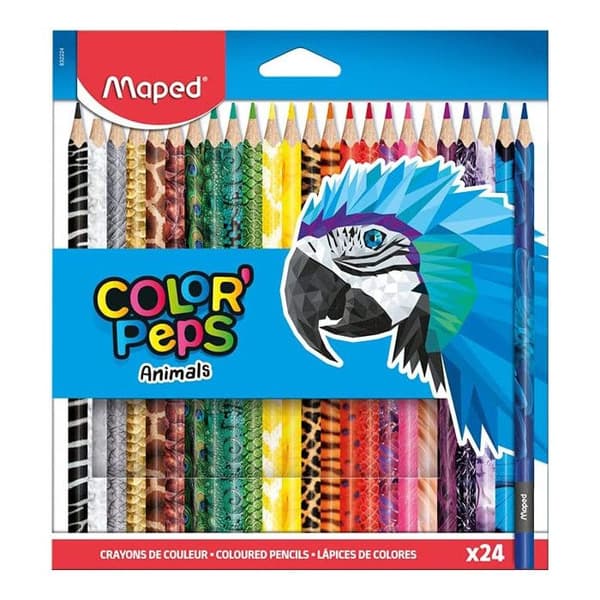 Maped - 24 FSC-certifierade Color'Peps Animals färgpennor - Triangulär träpenna i ljusa färger