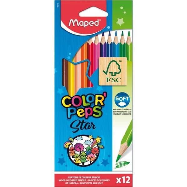 Maped - 12 Color'Peps Star Colored Pencils - FSC träpennor i ljusa färger - Kartongpåse