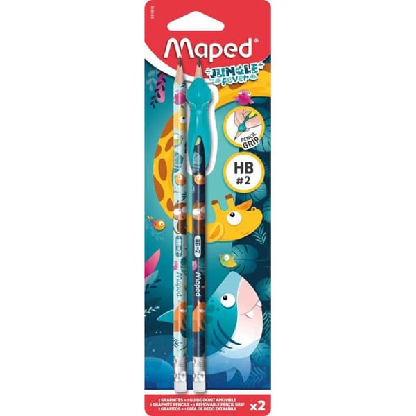 Maped - 2 Blyertspennor HB Jungle Fever - Gummitopp + 1 Fingerguide