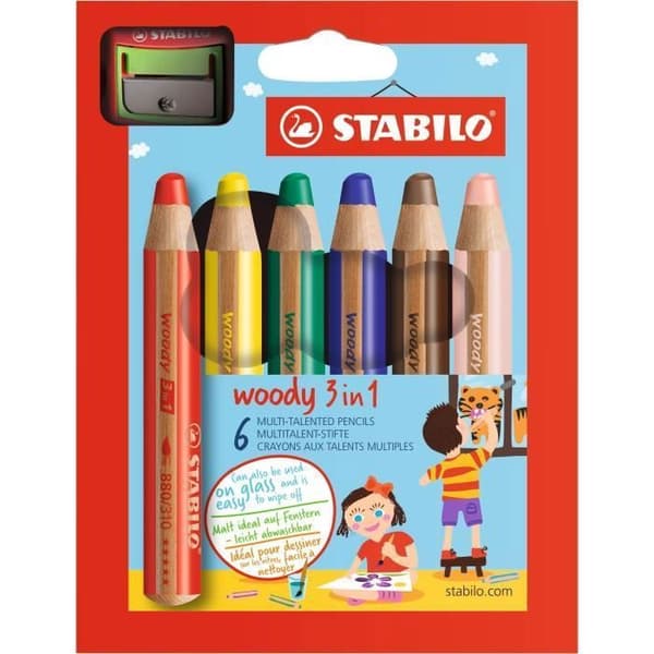 Färgpennor - STABILO - Woody 3 i 1 - Set om 6 - Pennvässare ingår - 10 mm bly