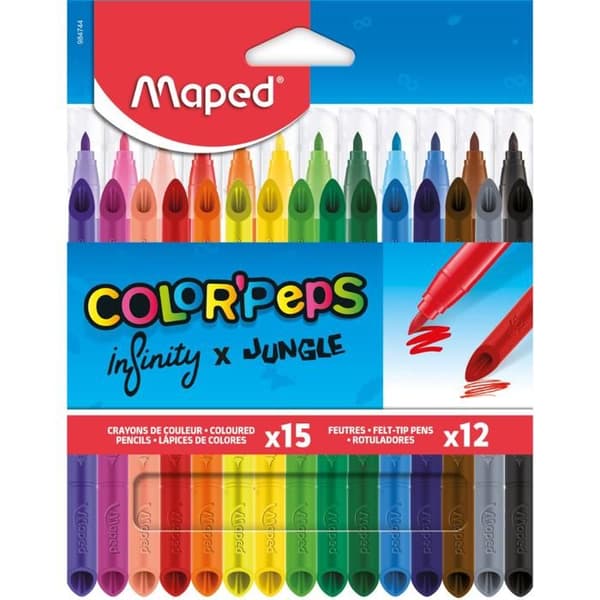 Pack med 15 färgglada kritor Infinity + 12 tvättbara och torkresistenta tuschpennor - Maped - Medelspets tuschpennor blockerad