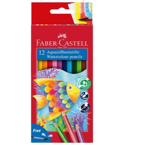 Akvarellkritor - FABER-CASTELL - 12 bitar - Assorterande färger - Motståndskraftig stift - Pensel ingår