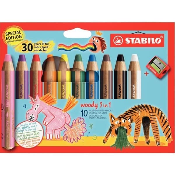 Etui med 10 Woody 30-års färgpennor + 1 pennvässare