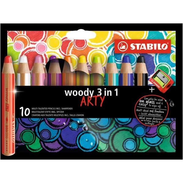 Kartong x 10 STABILO woody 3in1 ARTY multitalentpennor + 1 slipare