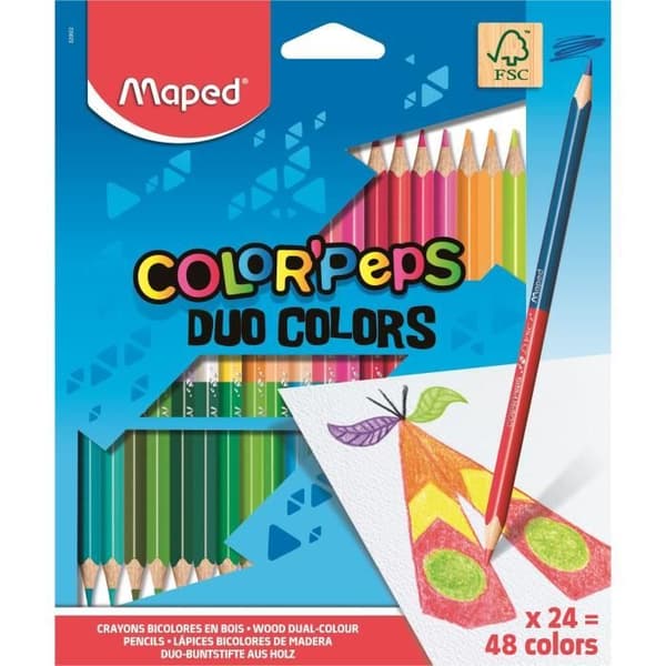 Maped - Duo 2 i 1 Color'Peps färgpennor - 24 färgpennor FSC-resistent dubbelbly för 48 färger