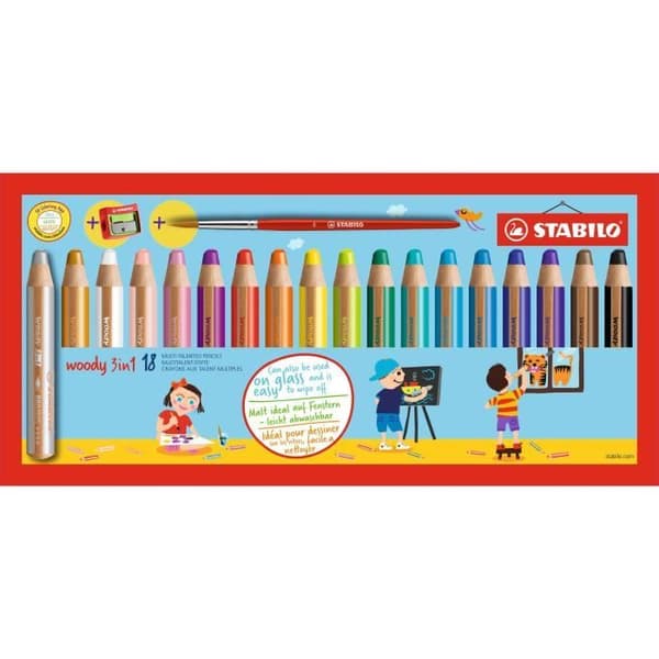 STABILO 18 Multitalent Woody 3in1 färgpennor + 1 rund penselstorlek 8 + 1 slipare